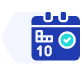 Calendar icon with a check mark, representing booked appointments on a hexagonal background with brand colors.